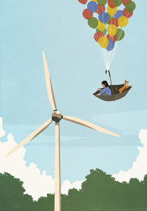 Girl and dog floating in umbrella balloon above wind turbine