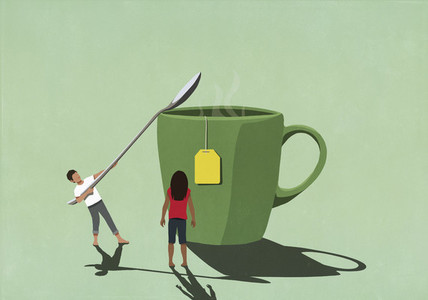 Couple with large spoon stirring sugar into mug of tea