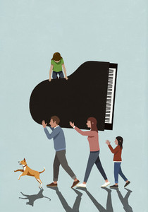 Family with dog carrying piano