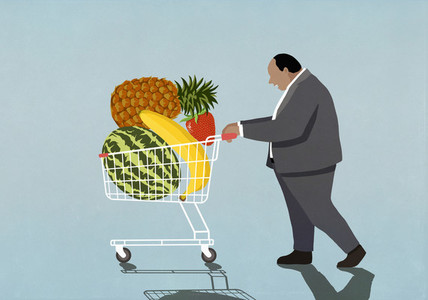 Overweight businessman with fresh fruit in shopping cart