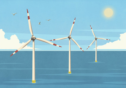 Wind turbines in sunny blue ocean