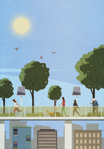 Pedestrians on elevated walkway with solar panels above city