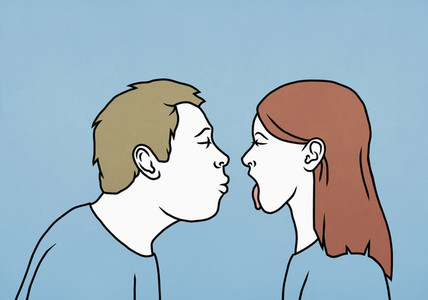 Contrasting couple sticking tongue out and kissing