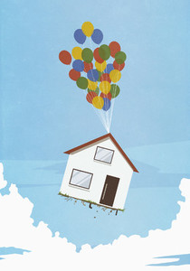 Helium balloons lifting house into sky