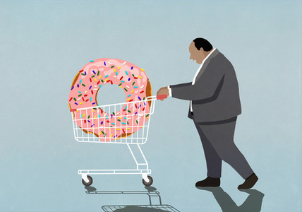 Overweight businessman pushing large donut in shopping cart