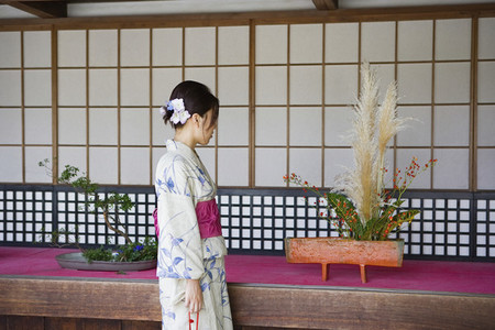 Young Japanese woman in kimono looking at ikebana flower arrangements