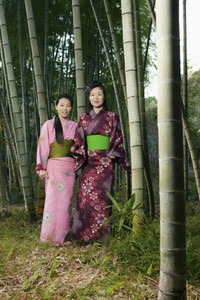 Portrait beautiful young women in Japanese kimonos among bamboo trees