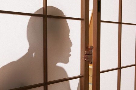 Close up shadow young woman lurking behind shoji doors