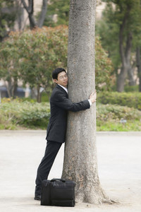 Serene businessman in suit hugging tree in park