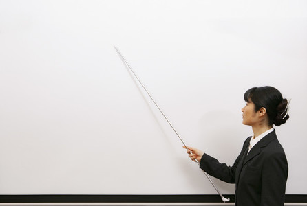 Businesswoman leading lesson with pointer at whiteboard