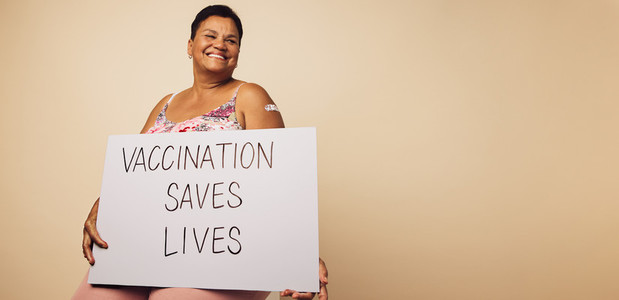 Senior woman with vaccination saves lives banner