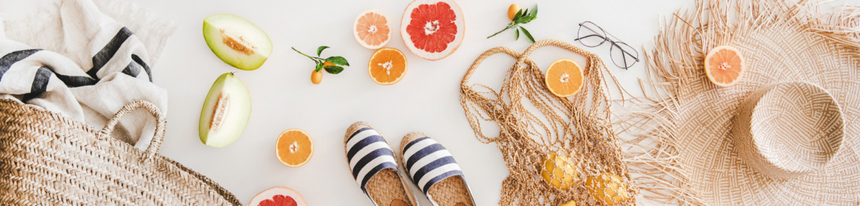 Summer mood layout with accessories and fruits  wide composition