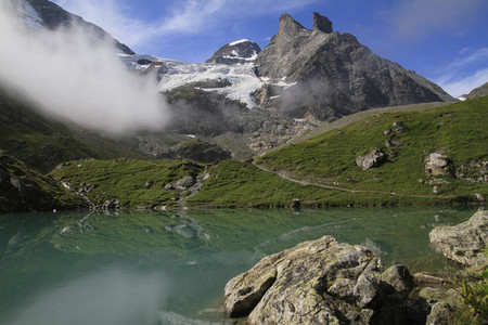 Idyllic mountain Lake Oberhornsee Switzerland