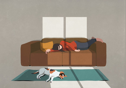 Exhausted woman and dog sleeping on sofa and rug