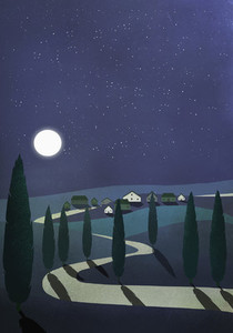 Full moon and stars illuminating idyllic rural village