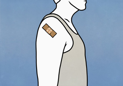 Man with Covid vaccine bandage on arm