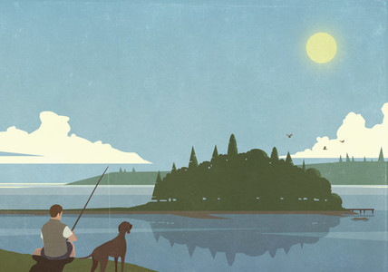 Man with dog fishing at sunny idyllic summer lake