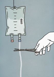 Hand with scissors cutting IV drip bag