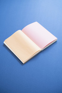 Blank pages in open journal on blue background