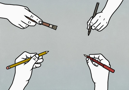 Hands with writing and art utensils