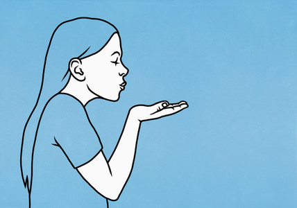 Woman blowing a kiss on blue background