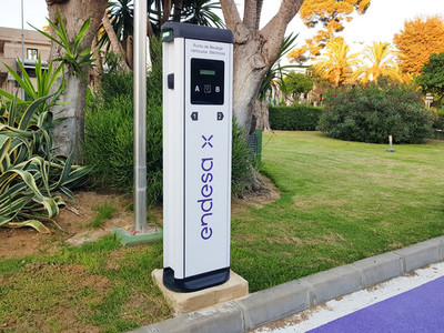 Jerez de la Frontera  Andalusia  Spain  7 July 2021  Charging point for electric vehicles of the Endesa company located on the street