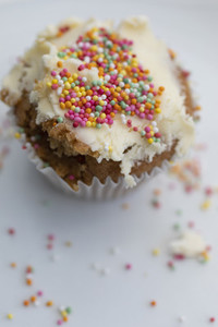 Close up sprinkles on frosted cupcake
