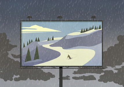 Skier on snowy slope on billboard against rainy sky