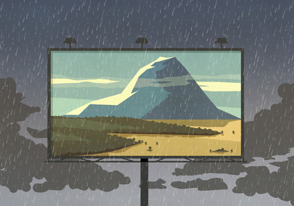 Mountain view on billboard against rainy sky