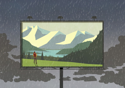 Hiker in mountains on billboard against rainy sky