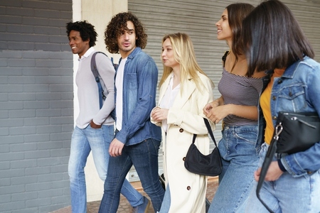 Multi ethnic group of friends walking together on the street