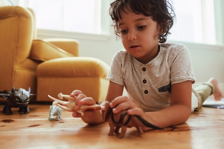 Creative young boy playing with dinosaur toys