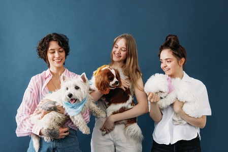 Three smiling pet owners holding their little cute dogs while standing in studio