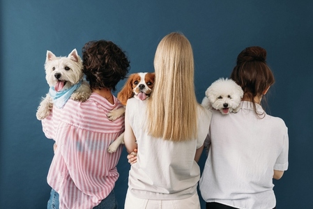 Back view of a three woman holding their dogs on shoulders while standing in studio