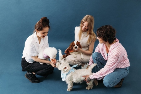 Three women with dogs  Pet owners sitting together on blue background