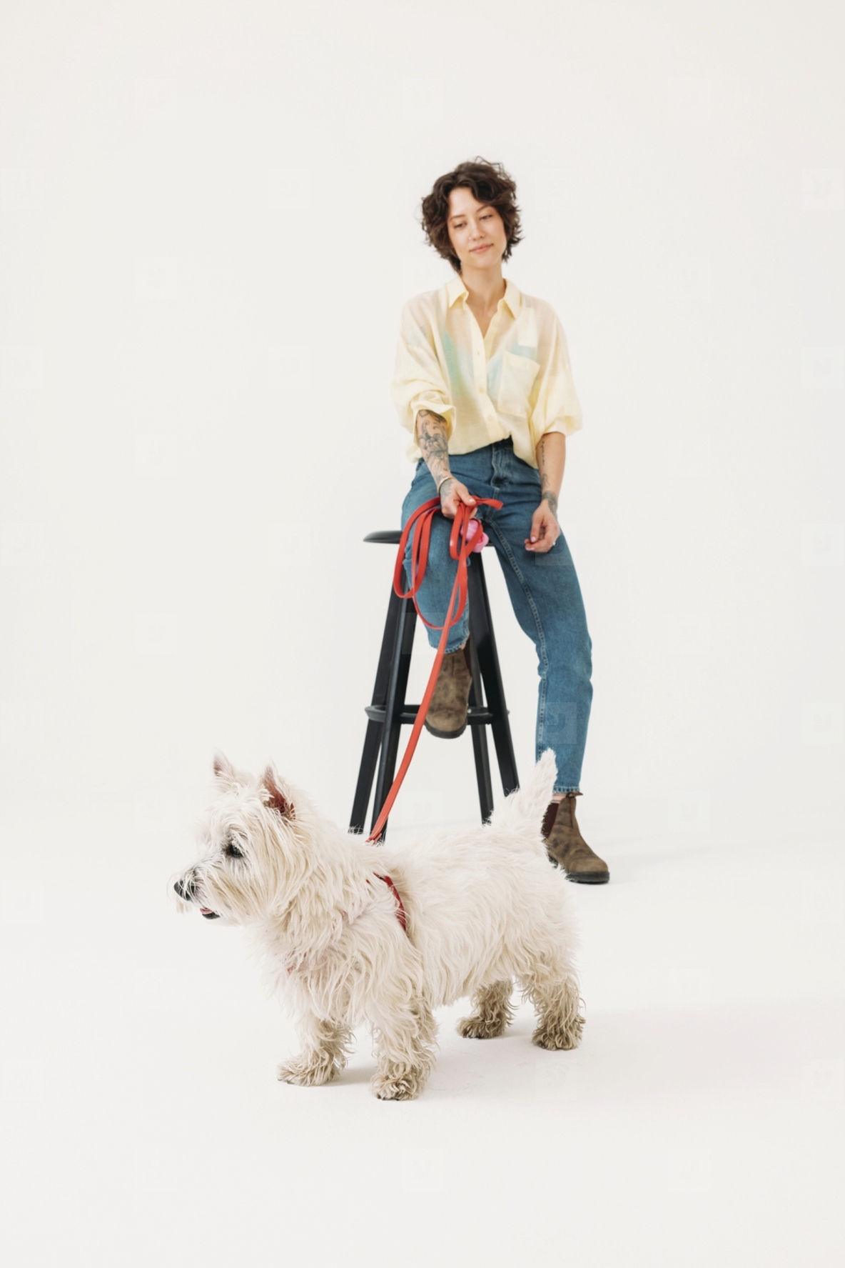 Woman in casual clothes with her dog in studio against white backdrop