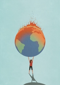 Woman holding burning globe overload