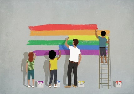 Community painting rainbow on wall