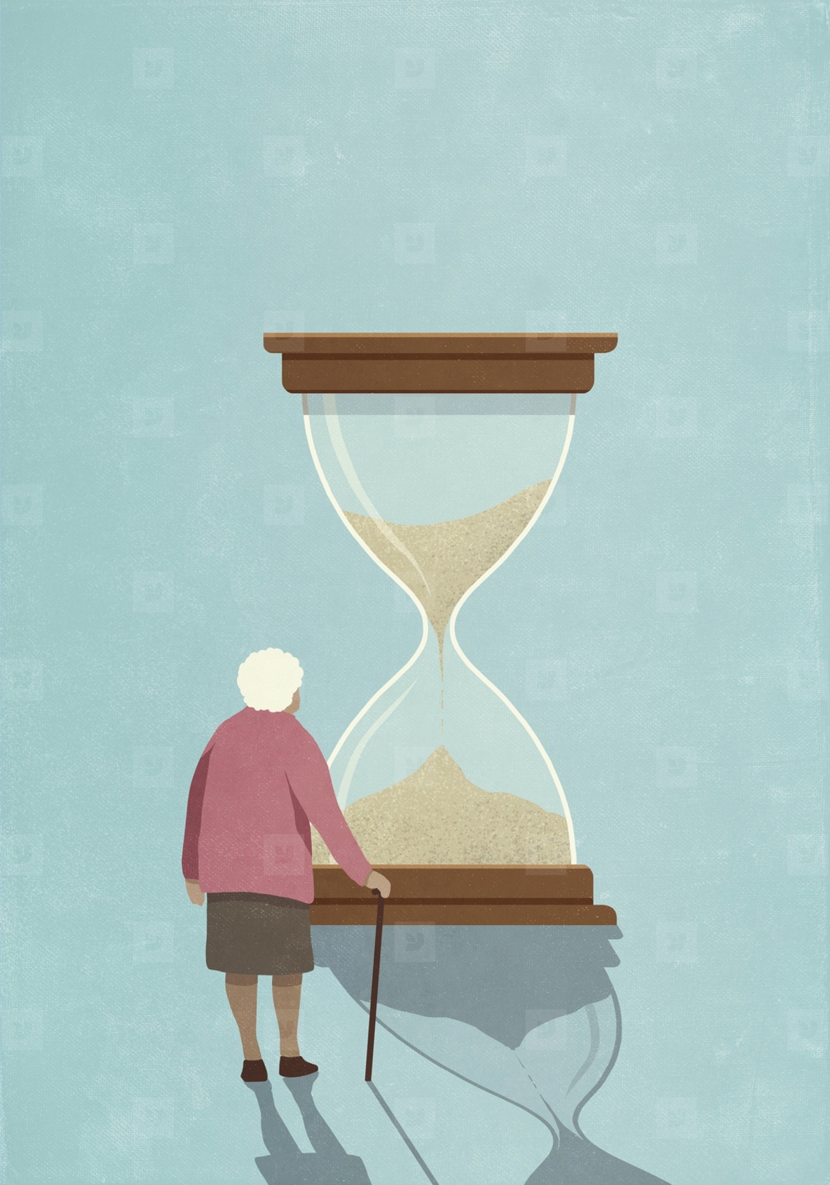 Senior woman watching sand pass in large hourglass