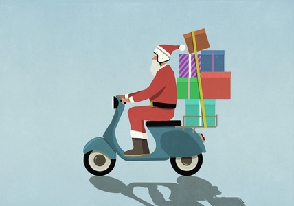 Santa Claus driving motor scooter with gifts