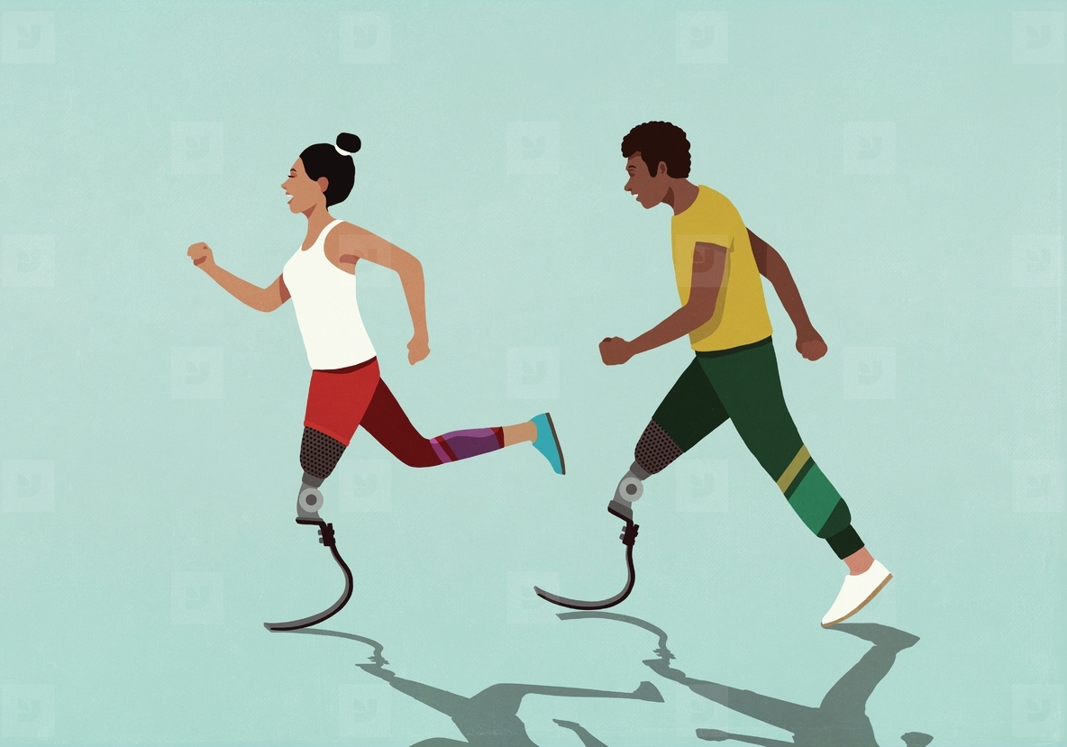 Amputee couple with prosthetic legs jogging