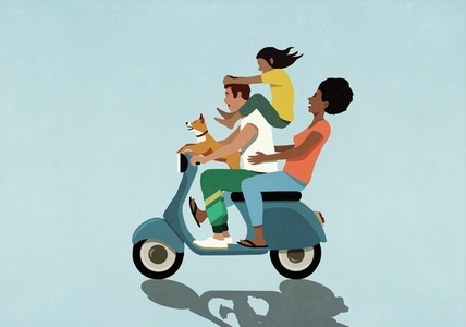 Carefree family with dog riding motor scooter