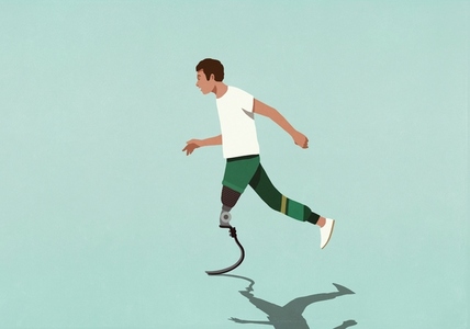 Male amputee with prosthetic leg jogging