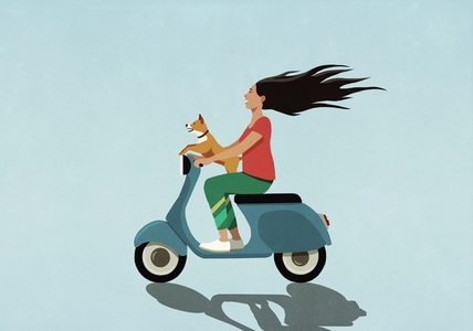 Carefree woman with dog driving motor scooter