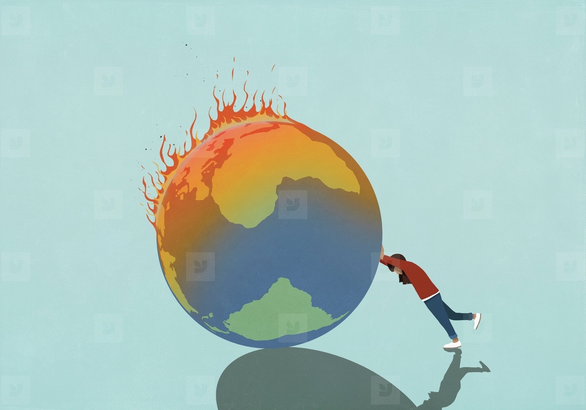 Woman pushing burning globe