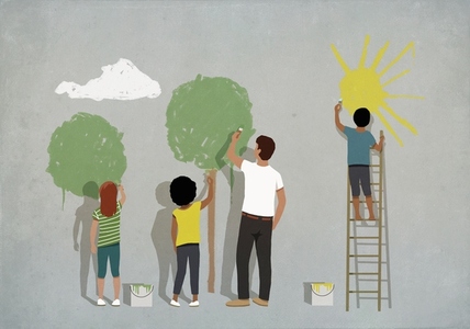 Community painting sun and trees on wall