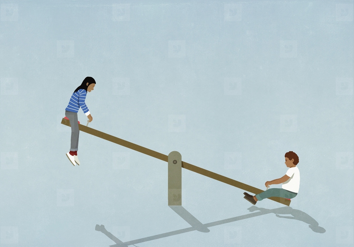 Boy and girl playing on seesaw