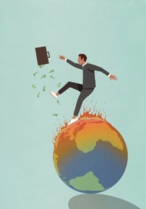Businessman with briefcase of money falling on burning globe