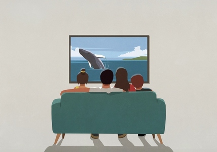 Family on sofa watching nature whale show on TV