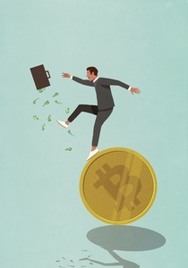 Businessman with briefcase of money falling on Bitcoin
